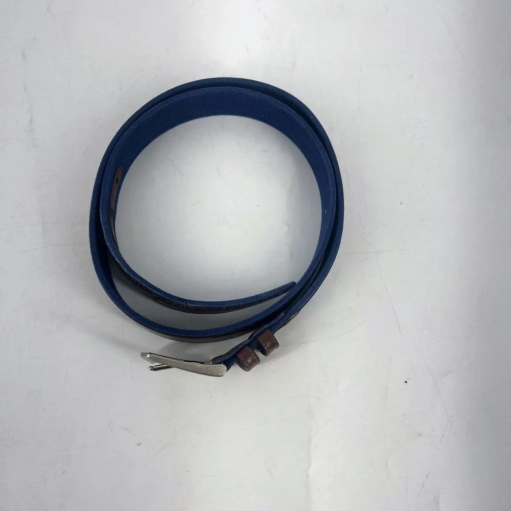 Nautica Mens Belt Brown‎ Leather Blue Canvas Silver Buckle Size 40